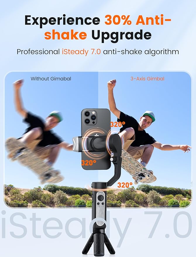 hohem iSteady V2S Gimbal Stabilizer for Smartphone, 3-Axis Gimbal for iPhone, AI Tracking, Portable and Foldable Phone Stabilizer with Fill Light for Video Recording, Vlogging, YouTube, TikTok