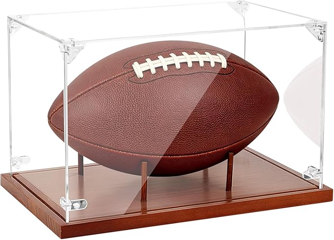 Hooqict Football Display Case Acrylic Clear Full Size with Solid Wood Base UV Protected Football Holder Stand Display Case for Sports Collections Autographed Ball Memorabilia Gifts