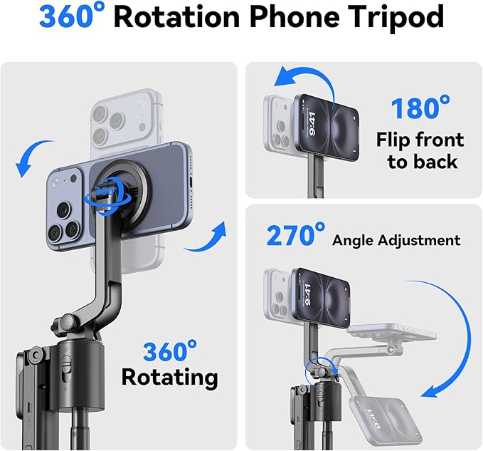 Magnetic Auto Face Tracking Tripod, 70.9” Magsafe Phone Tripod with 360°Rotation 5-Gesture Control, Wireless Remote, Magnetic Mount, Ideal for Vlogging, Live Streaming, Travel and Content Creation