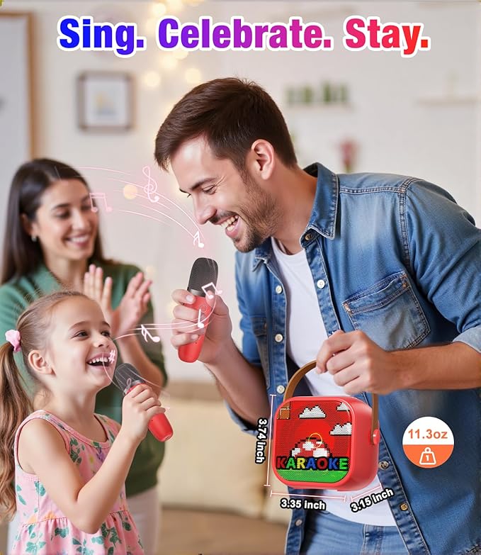 Mini Karaoke Machine, Portable Bluetooth Speaker with 2 Wireless Microphones for Kids & Adults, Karaoke Microphone with LED Lights, Gifts for Girls & Boys_Red