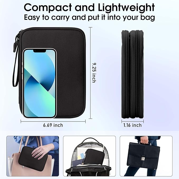 Arae Electronic Accessories Organizer, Travel Essentials Cable Bag with Double-Layer Storage for Cables, Cards, Chargers - Black, L