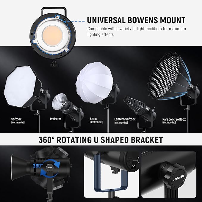 NEEWER 210W COB LED Video Light with 2.4G/APP Control, 2700K-6500K Bi Color Continuous Output Lighting Studio Photography Recording with Bowens Mount, 90000lux/1m, CRI/TLCI97+, GM ±50, CB200B PRO