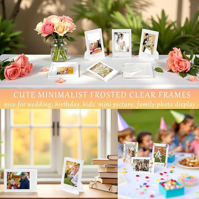 JOYZO 2x3 Picture Frames for Fujiiflm Instax Mini Film, Mini Frosted Clear Desk Picture Display, 6 Pack Small Photo Frames with Protective Covers and Super Cute 3D Puffy Stickers