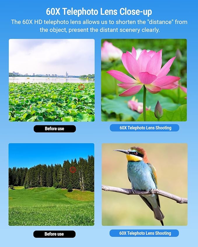 APEXEL High Power 60X HD Telephoto Lens, High Power Telephoto Mobile Cell Phone Lens with Extension Tripod and Wireless Remote for iPhone 15 Pro/14 Pro/13 Pro, Samsung and Most Smartphone