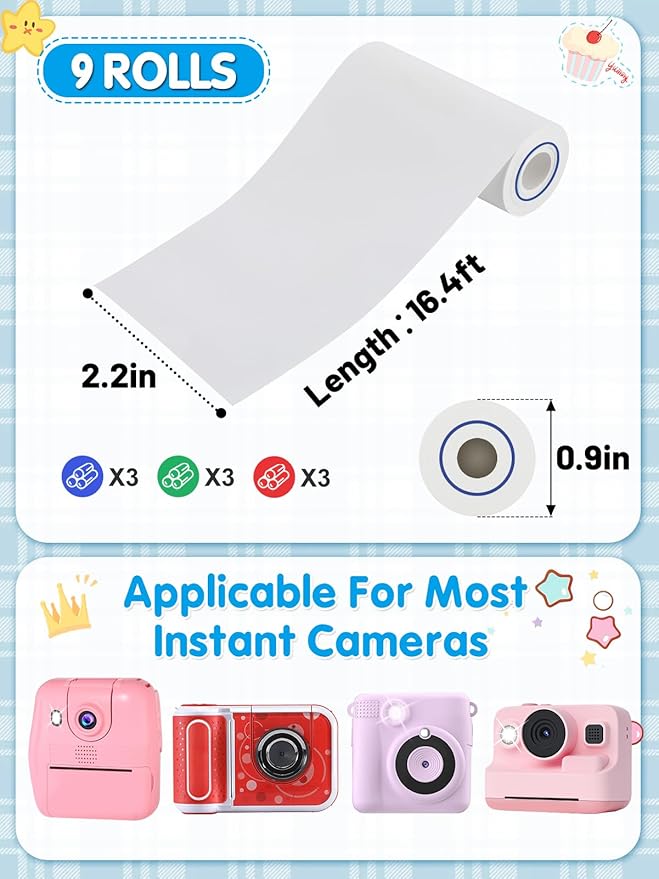 3-Color Kids Camera Paper Roll Refill - Compatible with Most Instant Print Camera, HD Photo Printer Paper for Kids Aged 4 5 6 7 8 9 10 Boys Girls Birthday Gifts (9 Rolls)