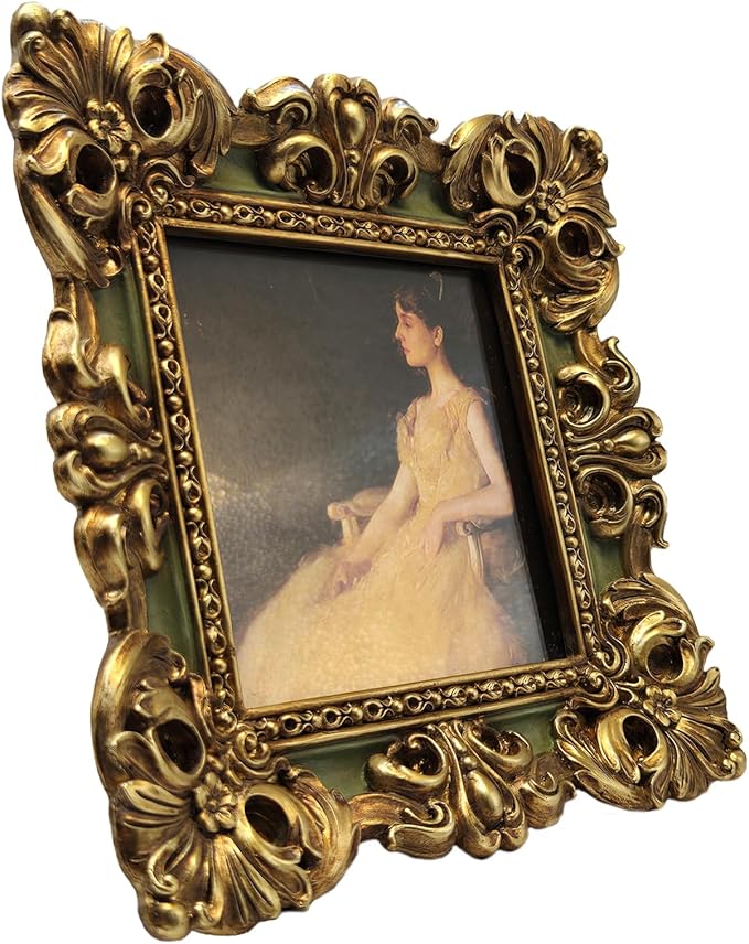 CISOO 4x4 Vintage Small Picture Frame, Antique Ornate Green and Gold Square Photo Frame, for Table Top and Wall Display, Decorative Floral Design Retro Home Decor, Photo Gallery Art