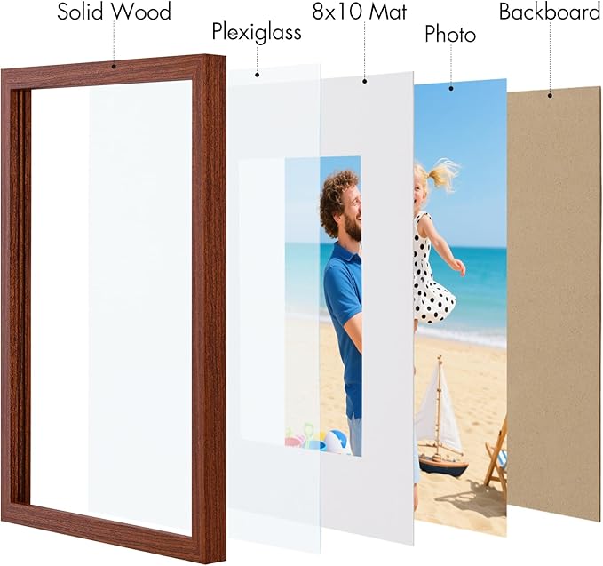 Vittanly 11x14 Picture Frame, Made of Solid Wood and Shatterproof Plexiglass, Display Pictures 8x10 with Mat or 8x10 without Mat, Wooden Photo Frame for Wall Mounting or Tabletop, Brown, 1 Pack
