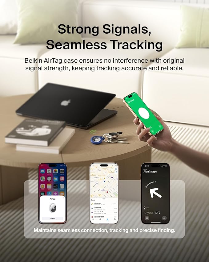 Belkin Apple AirTag Secure Holder with Key Ring, Durable Scratch Resistant Case With Open Face & Raised Edges, 2 count (Pack of 1)
