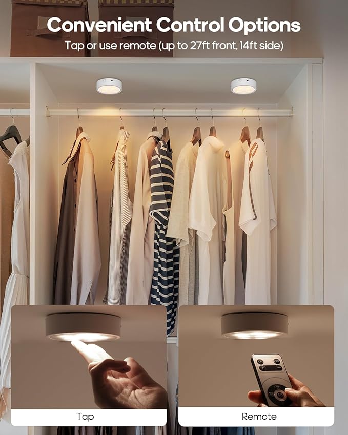 Puck Lights with Remote Control,Under Cabinet Lighting Magnetic,LED Closet Lights Rechargeable,Dimming Tap Light, Stick on Lights, for Closet, Bedroom Wall, Under Cabinet(Warm Color)2 Pack