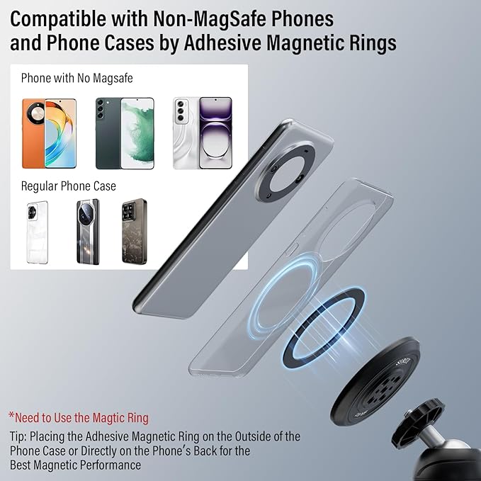 Sirui Magnetic Phone Tripod Mount Adapter with 3 Adhesive Rings Compatible with MagSafe for iPhone 15, 14, 13, and 12 Series, Magnetic Phone Holder for Tripod, Selfie Stick, Magic Arm, AM-MF