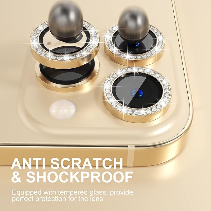 Choiche Compatible for iPhone 13 Pro/iPhone 13 Pro Max Camera Lens Protector Bling, 9H Tempered Glass Camera Cover Screen Protector Metal Ring Decoration Accessories (Diamond-Gold)