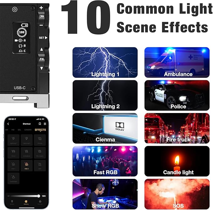 Pixel G1s RGB Video Light with APP Control, 12W 6400mAh 210 Minutes Rechargeable Battery LED Camera Light, 10 Common Lighting Effects, CRI≥97 2500-8500K LED Video Light with Aluminum Alloy Body