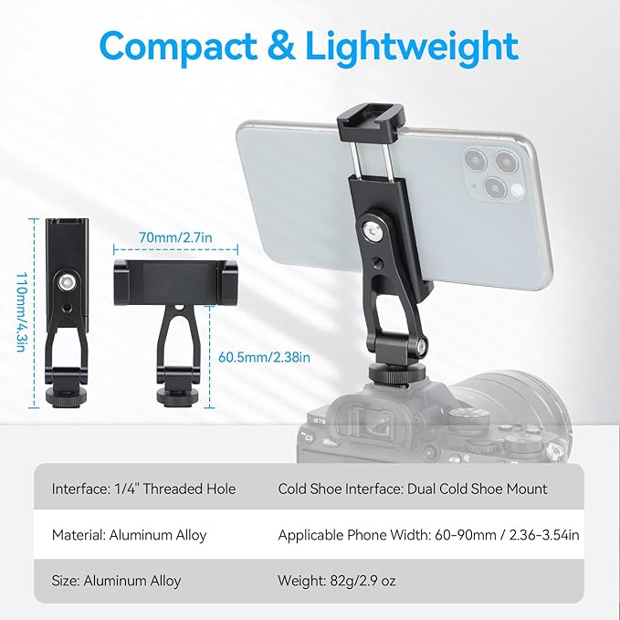 UTEBIT Universal Phone Tripod Mount with Cold Shoe Mount, 1/4" Thread 180° Tilt 360° Rotation Support Vertical and Horizontal, Adjustable Phone Clamp Holder for iPhone 17 16 15 14, for Samsung Galaxy