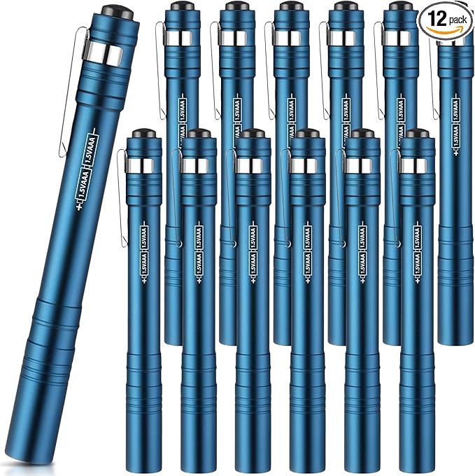 12 Pack LED Penlight Bulk, Pocket Flashlight with Clip, Aluminum Pen Flashlights Mini Pen Light for Nurses Hospital Outdoor Camping Emergency Hiking(Lake Blue)
