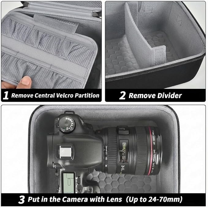 Comecase Hard Camera Case for Canon EOS Rebel T7 R50 R100 R10 R5 R6 R8 Mark II, DSLR Mirrorless Camera Bag with 6 Slots &Adjustable Divider for Lens and Accessories, Travel Storage, Jet Black