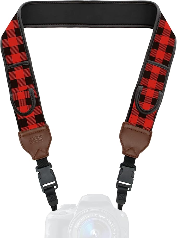 USA Gear TrueSHOT Camera Strap Neoprene Camera Straps - Padded Neck Strap, Pockets, and Quick Release Buckles - Compatible with Canon, Nikon, Sony and More DSLR and Mirrorless Cameras (Red Plaid)