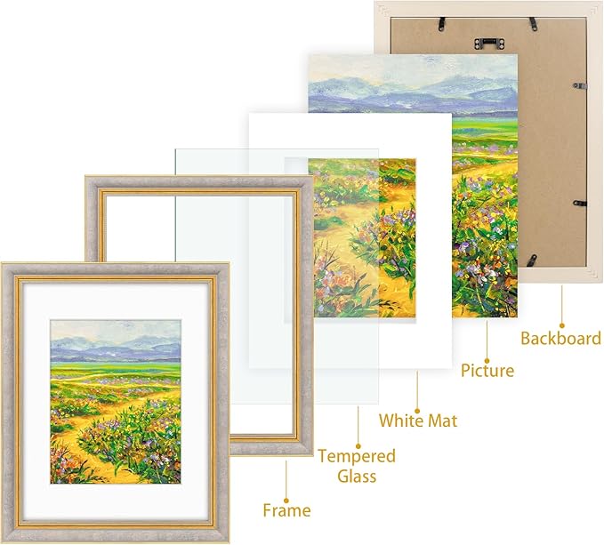 Golden State Art,11x14 Ornate Picture Frame for 8x10 Photo with Mat or 11 x 14 Prints Without Mat, Real Glass Wall Display Horizontally or Vertically (Color:Antique Gray Gold)