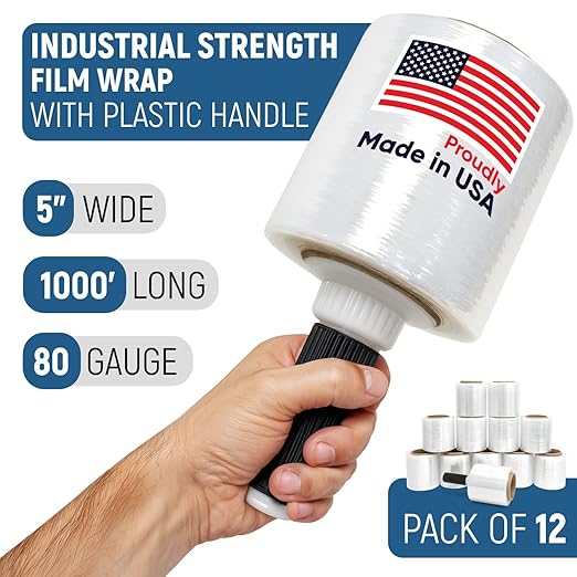 5” x 1000’ Stretch Wrap Mini 12 Rolls with Handle – Clear Plastic Stretch Film 80 Gauge, 500% Elongation, Heavy Duty Shrink Wrap for Moving, Packing & Shipping