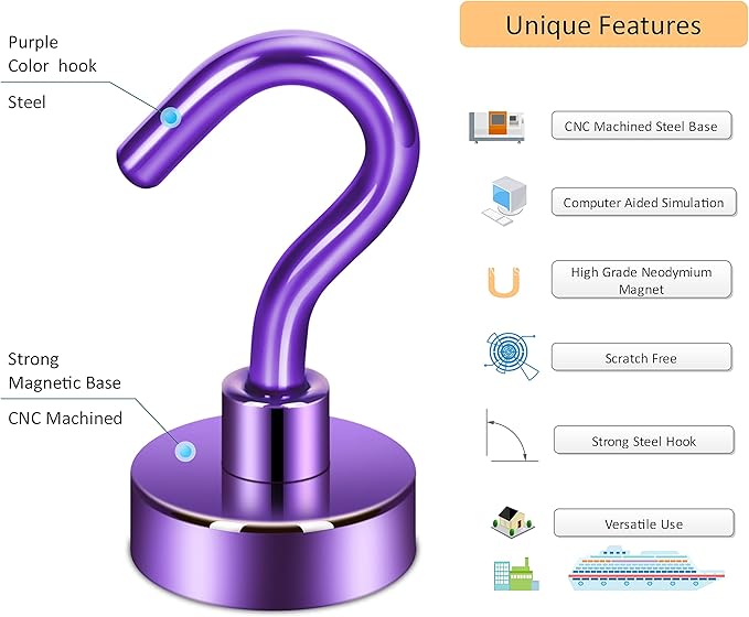 Neosmuk Magnetic Hooks, Cruise Ship Essentials, 30lb+ Heavy Duty Magnetic Hooks for Cruise Cabins, Refrigerator, Grill, Hanging, and Travel | Extra Strong Must-Haves Magnet Hook,Purple,5 Pack