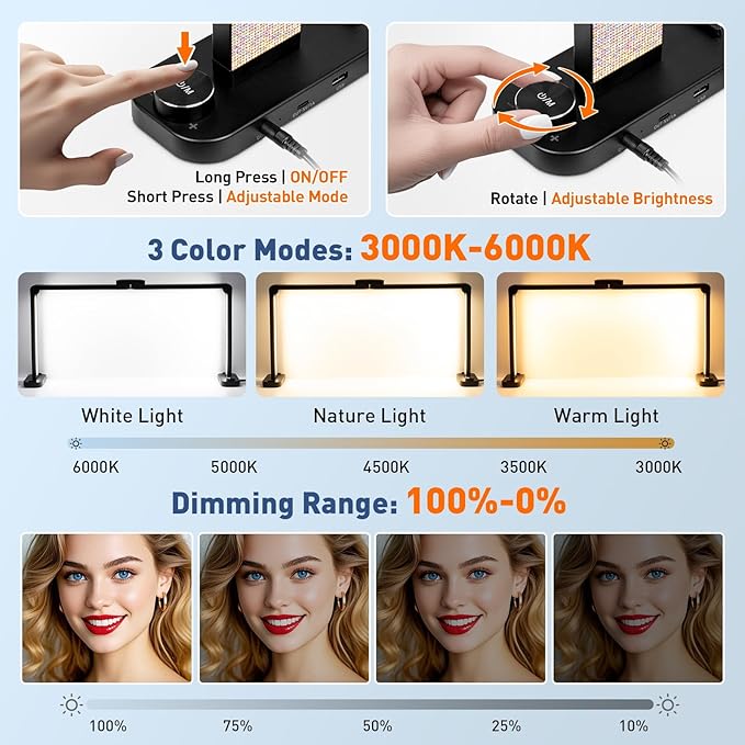 KIRKAS 34IN Nail Tech Lamp for Desk, 456 LEDs 3 Color Modes Infinitely Knob Foldable Half Moon Nail Light with Phone Holder Charging Function, Arch Lamp for Eyelash Extension, Tattoo, (Diamond, Large)
