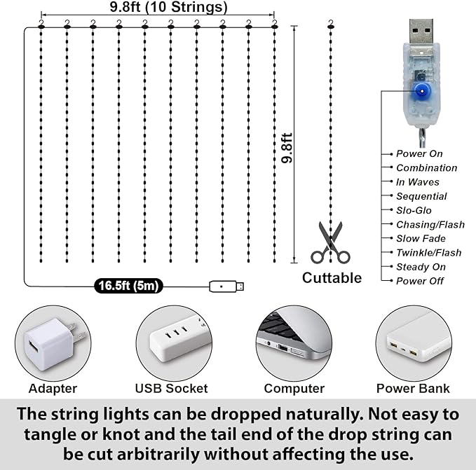HXWEIYE 300LED Fairy Curtain Lights, 9.8x9.8Ft USB Plug-in 8 Modes Christmas String Hanging Lights with Remote for Bedroom Backdrop Wedding Indoor Wall Decor, Multicolor, Tangle-Free – 1 Pack