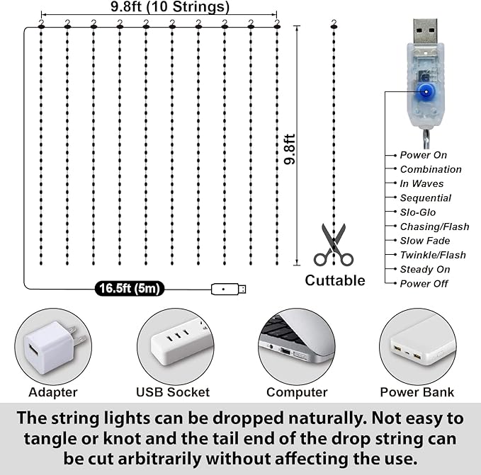 HXWEIYE 300LED Fairy Curtain Lights, 9.8x9.8Ft USB Plug-in 8 Modes Christmas String Hanging Lights with Remote for Bedroom Backdrop Wedding Indoor Wall Decor, Pink, Tangle-Free – 1 Pack