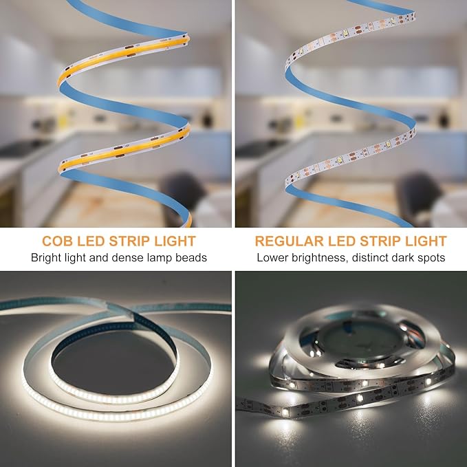 OMIKA COB LED Light Strip, 6.56FT 640LED 4000K Natural White Battery Powered LED Strip Lights with Remote Control Timer Dimmable Flexible Cuttable Tape Light for Cabinet Shelves Desk Bedroom
