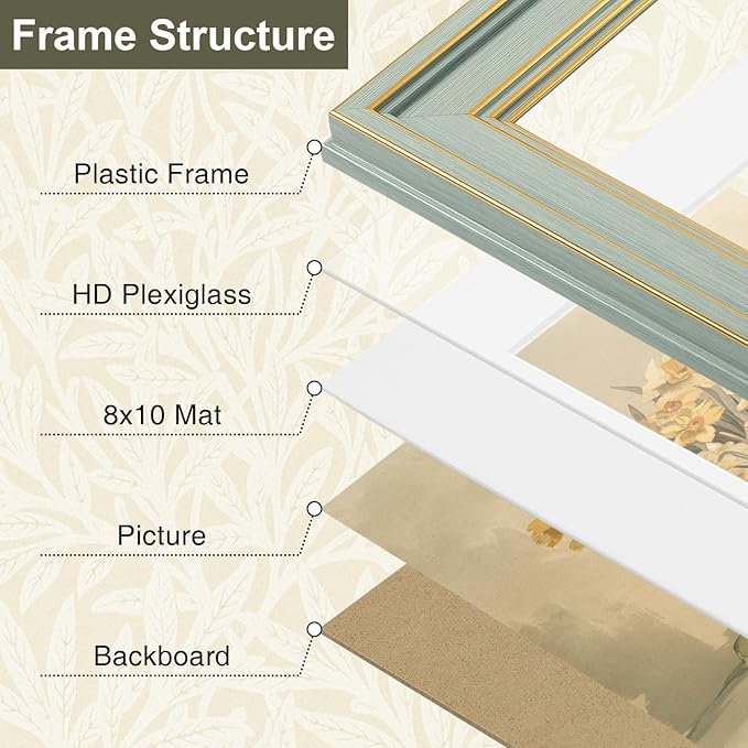 Vittanly 11x14 Picture Frame Set of 4, Vintage Photo Frame for Wall Mount, Display 8x10 Pictures with Mat or 11x14 without Mat, Rustic Farmhouse Home Decor, Light Green