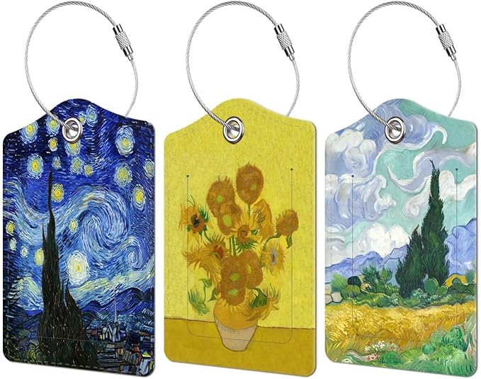 3 Pcs Luggage Tag for Suitcase, Travel Cruise Leather Bag Tags Identifiers Privacy Cover ID Label with Durable Steel Loop for Women Men Kids Girls Travel, Oil Painting
