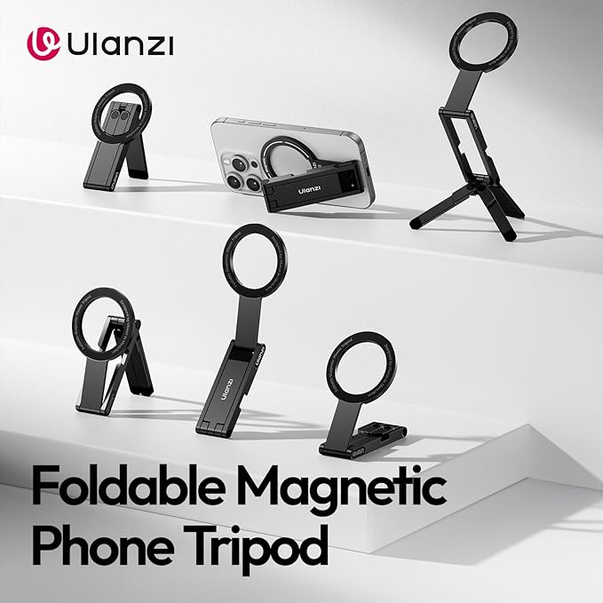 ULANZI MA60 Magnetic Phone Tripod Stand for iPhone - Aluminium Smartphone Mini Tripod Pocket Cell Phone Stand Strong Magnet Quick Mount Compatible with iPhone17 16 15 14 13 12 Series, Black