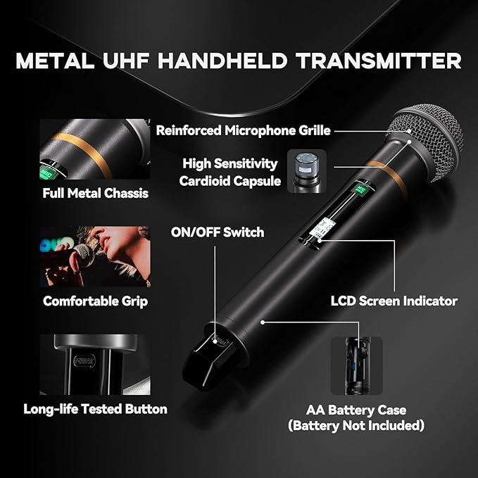 Wireless Professional Microphone System, Cordless Handheld Dynamic Mic, Dual UHF 200-Channel, Metal Microphones 328ft Long Range for Karaoke, Church, DJ, Wedding, Singing