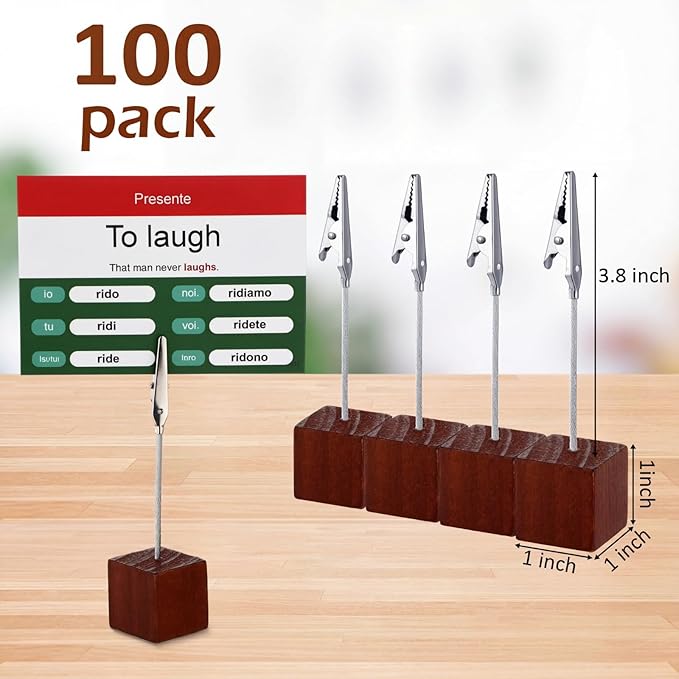 Gersoniel 100 Pcs Cube Base Memo Clip Holder with Alligator Clip Wood Table Number Holder Cube Base Place Card Stand Mini Photo Menu Stand for Displaying Number Card (Brown)