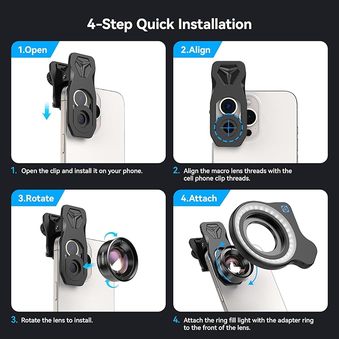APEXEL Professional Macro Photography Lens with Fill Light for Smartphone, Macro Lenses for iPhone, Samsung, Galaxy, Android Phone(Fits for Almost All Phone), Cell Phone Lens Attachment for iPhone