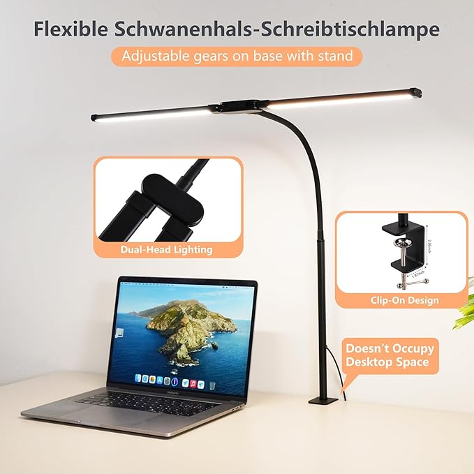Dual-Head LED Desk Lamp for Office Home, Adjustable Flexible Eye-Caring Desk Light, 5 Modes 10 Brightness Adjustment, USB Adapter Desk Lamp with Clamp-ST-B