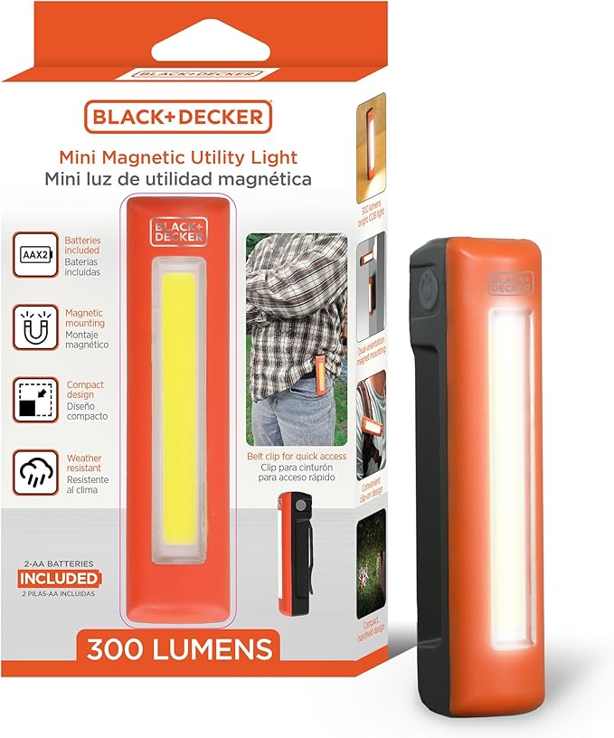 BLACK+DECKER LED Work Light, 300 Lumens AA Battery-Powered Utility Light, 3 Brightness Levels & SOS Mode, 2 Magnet Mounts, Pocket Clip, Compact Lightweight & Portable, Weather Resistant, 10 Hour Power