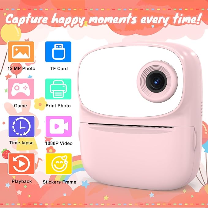 Kids Camera Instant Print for Kids with Mirror, HD Dual-Lens Selfie Digital Camera with 3 Rolls Print Paper & 32GB Card, Holiday Birthday Gifts Toys for Girls Boys Toddler.(Pink)