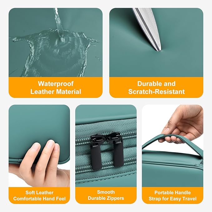 Large Capacity Electronics Accessories Organizer Travel Case with Adjustable Divider Waterproof Leather Cord Shockproof Tech Organizer Bag(Deep Green, Single Layer)