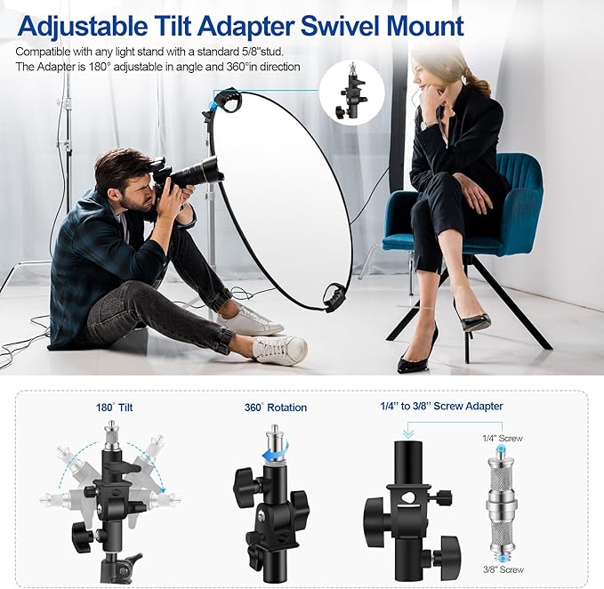 WELLMAKING 32''(80cm) Photography Reflector Dual Handle Collapsible 5-in-1 with Tilt Adapter Reflector, White Portable Stand and Pouch for Studio & Outdoor Lighting-Translucent,Silver,Gold,White&Black