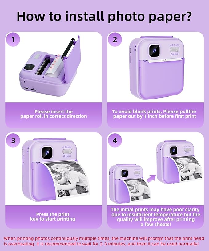 Kids Camera Instant Print for Boys and Girls, 48MP HD Cameras w/1080P Video, Print Paper, 32GB Card, Brush, Christmas Birthday Gifts Toys for Toddler and Teenagers Age 3-16 Years Old (Purple)