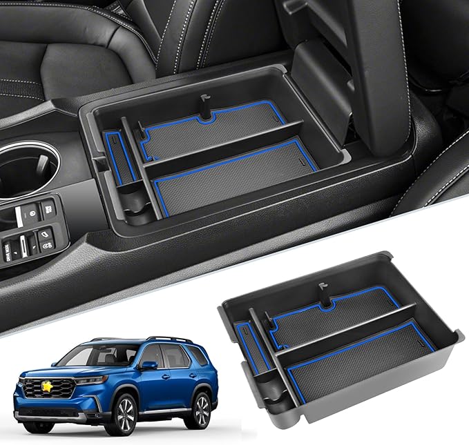 SKTU for 2024 2025 2026 Honda Pilot Center Console Organizer 2023-2026 Pilot/ 2024-2026 Passport Armrest Tray 2025 2026 Passport Console Tray 2025 2026 Pilot Accessories with Sunglasses Holder (Blue)