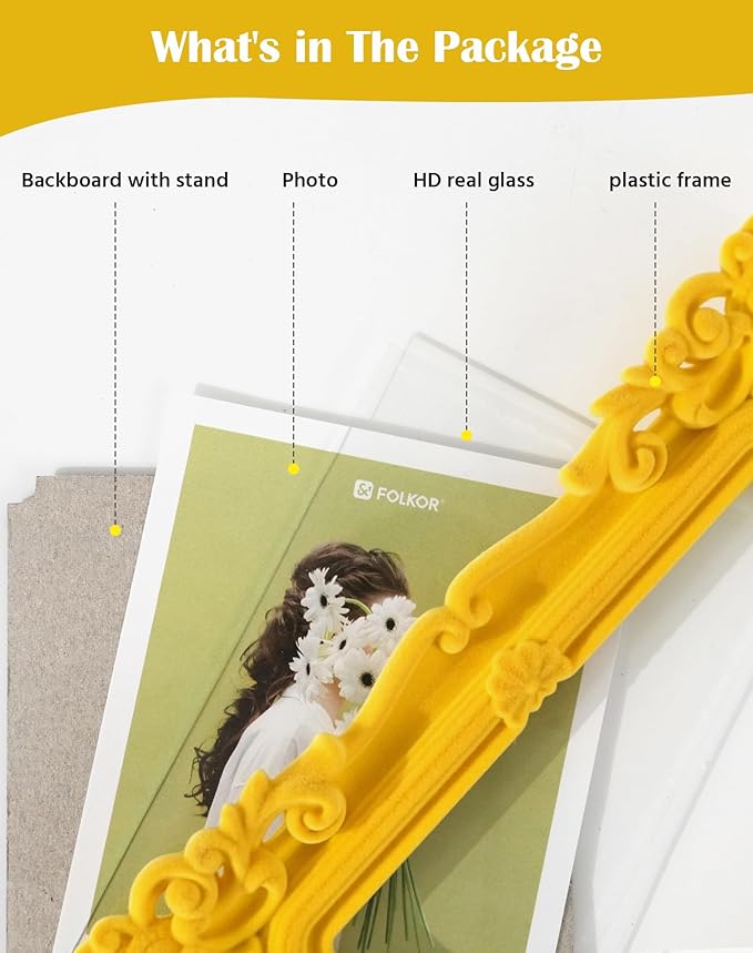 Picture Frames 4x6 for Drawings Prints, Small Colorful Decorative Frame with Real Glass/Stand, Rococo Ornate Memorial Frame Gift for Wedding Baby Shower Retirement (Yellow)