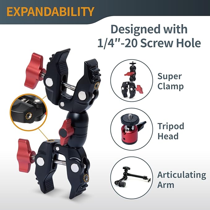 POWERTEC Double Super Clamp Camera Mount with Two 1/4"-20 Mounting Holes for Magic Arm, Desk, Umbrella, Bike, Photography Lighting, Softbox (71924)