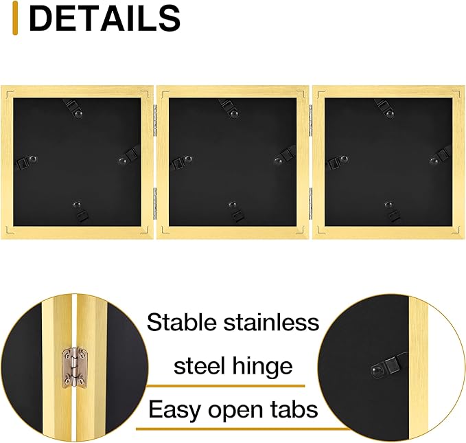 decorUhome Triple 4x4 Picture Frame Vertical, Engineered Wood Trifold Photo Frame with Plexiglass for Tabletop Display, 4x4, Gold