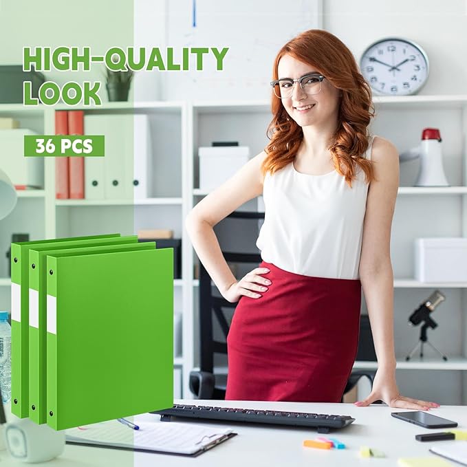 Henoyso 36 Pcs 3 Ring Binder 1/2'' Round Fits Letter Size 8.5'' x 11'' Paper Plastic Flexible Binder Holds 140 Sheets with 1 Pockets Versatile Organizer for Home Office School (Tender Green)
