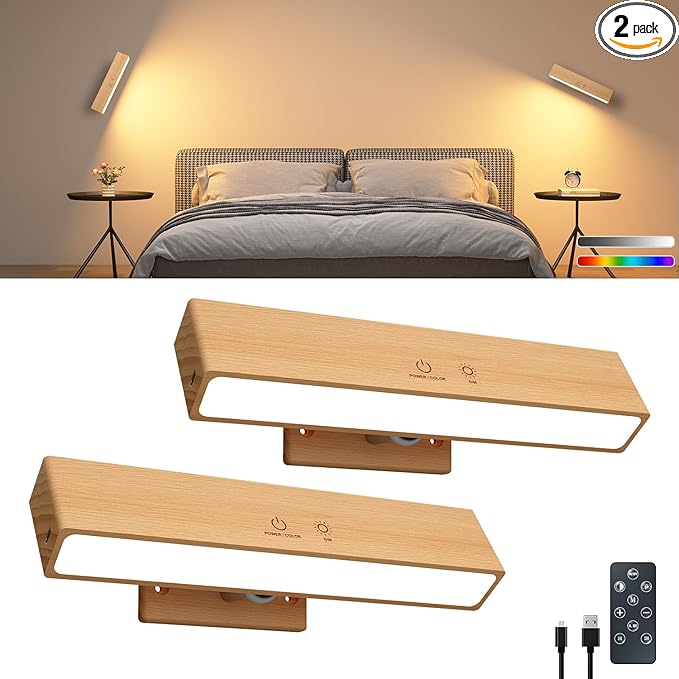 Rechargeable Wood Wall Lights (2 Pack) with Remote & Touch, 5200mAh Battery Operated Wall Sconce with 3 Color Temperatures & RGB. Magnetic, Stick-On, Dimmable Wall Reading Lamp for Bedroom, Picture