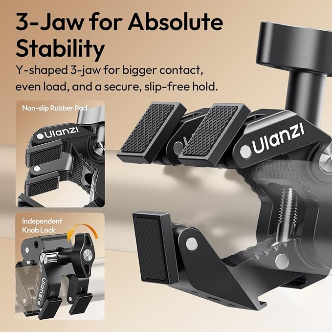 ULANZI CO78 Super Clamp Mount f Camera Rig – Multi-Point Metal Grip w 1/4" & ARRI Locating Pins + Cold Shoe Mount f Action Cam, Monitor & LED Lights, 3-Jaw Designed f Banister,Handlebar, Desk,Branches
