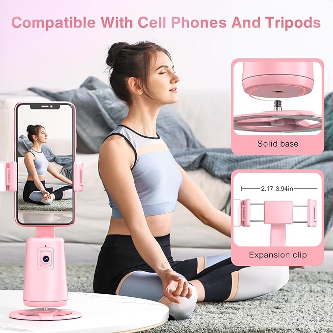 Auto Face Tracking Tripod 360° Rotating Cell Phone Photo and Video Kits Stand, No App, Camera Stand with Remote and Gesture Control, Rechargeable Smart Shooting Stand for Live Recording Tiktok（Pink）
