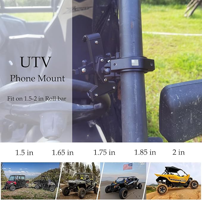 Hamdril UTV Phone Mount, 720° Rotation at Any Angle, Suitable for 1.5-2-inch Roll Bars. The All-Metal UTV Phone Holder Provides Heavy-Duty Protection and is Compatible with 4.7-7.2-inch Smartphones.