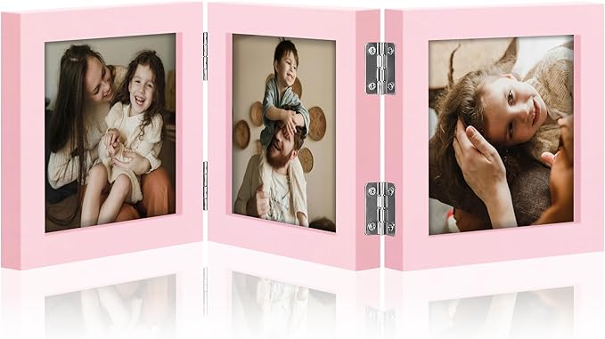 decorUhome Triple 4x4 Picture Frame Vertical, Engineered Wood Trifold Photo Frame with Plexiglass for Tabletop Display, 4x4, Pink