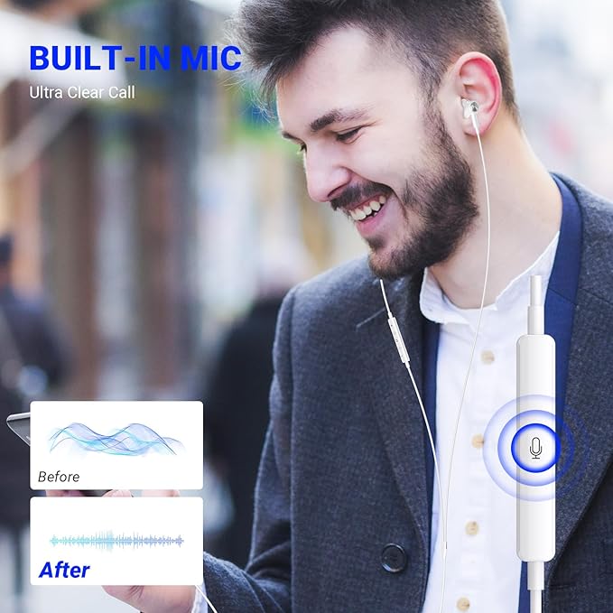 USB C Headphones for iPhone 17 Air 16 Pro Max 15, Type C Earphones with Microphone Magnet HiFi Stereo Wired Earbuds for Samsung Galaxy S26 S25 Ultra S24+ 23 A53 S21 S20 FE Flip 7 Fold/Pixel 10, White